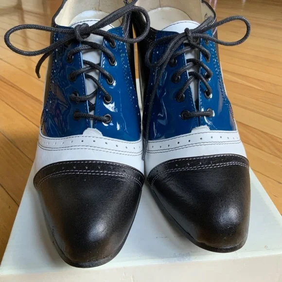 John Fluevog Mansfield Black White & Blue Leather Shoe Size 9 worn once indoors - Picture 4 of 15